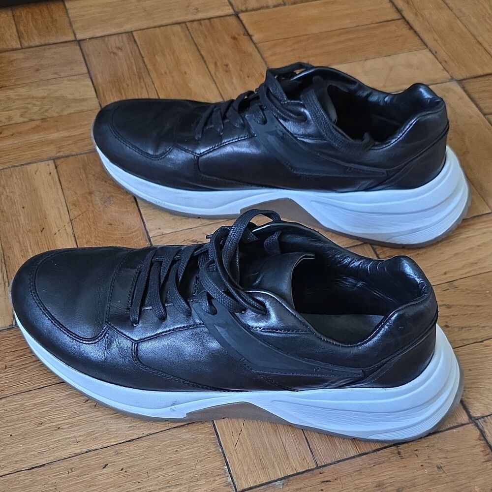 Zara Men’s Black Leather Casual Sneakers White Sole Low Top Lace Up Size 10